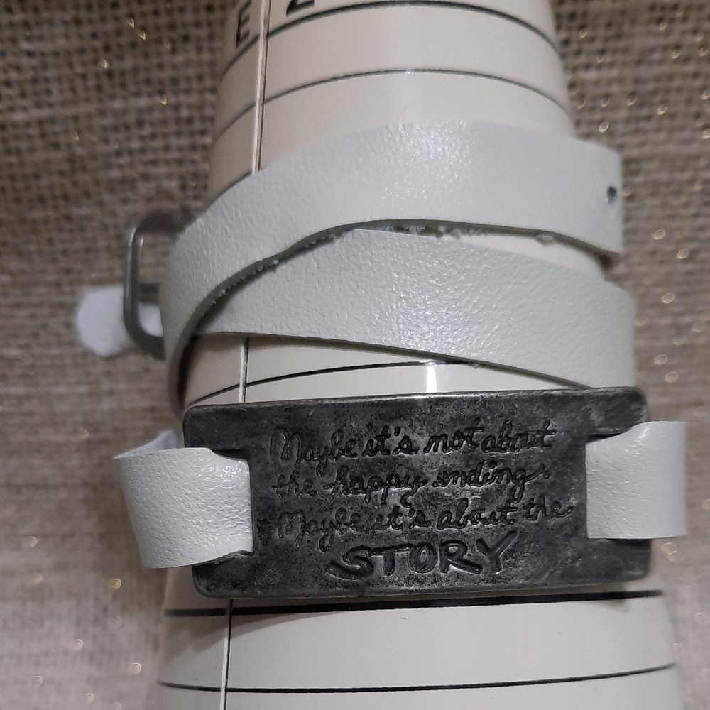 White Leather Bracelet with Engraved Inspirational Quote Metal Silver Plate